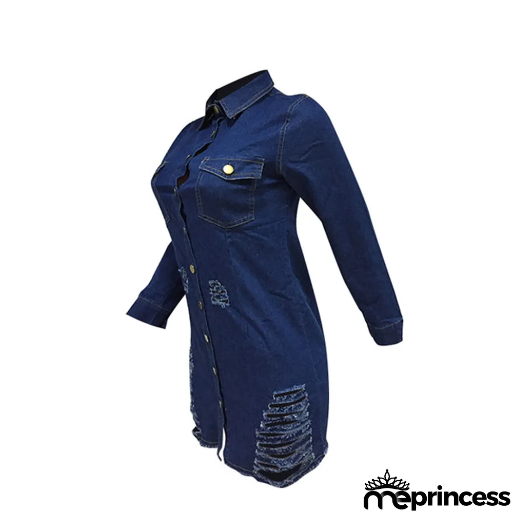 Blue Casual Long Sleeves Turndown Collar Hip skirt Mini Casual Dresses