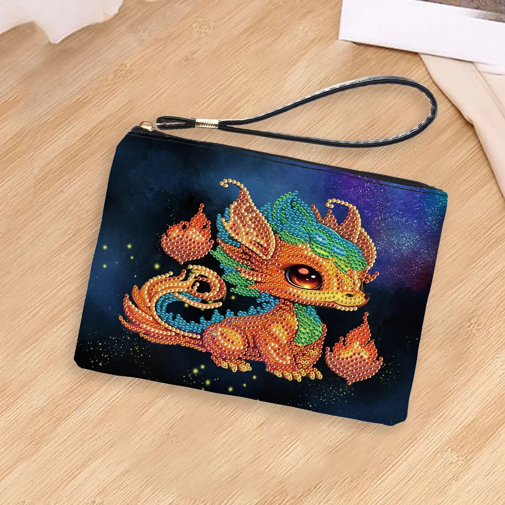 DIY Fire Dinosaur PU Partial Special Shaped Diamond Painting Wallet Makeup Bag