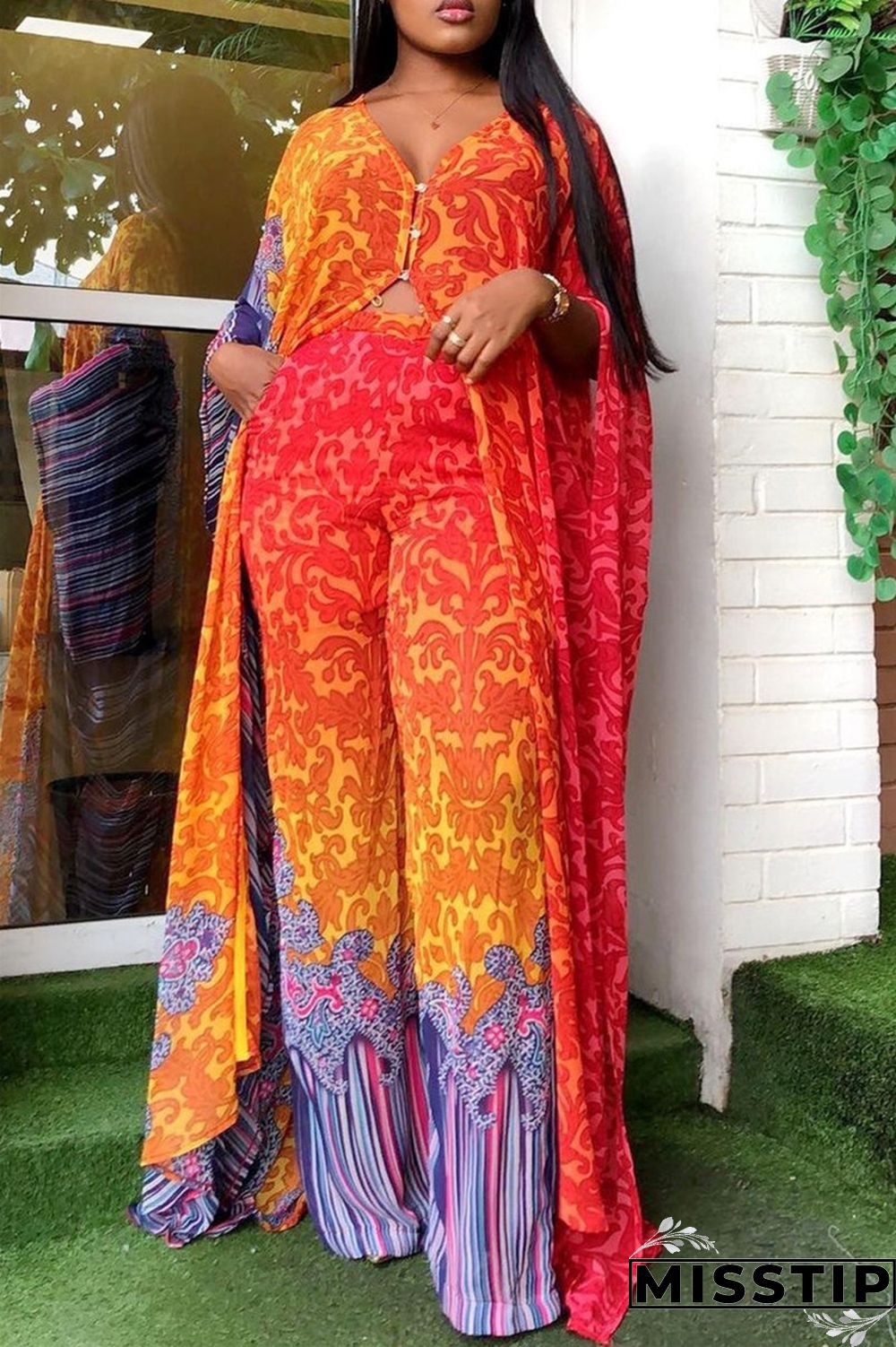 Blue Fashion Casual Print Slit V Neck Long Sleeve Two Pieces