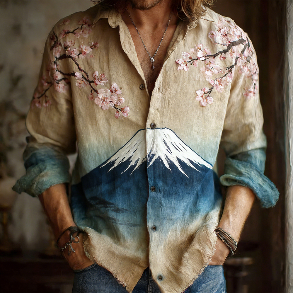 Japanese Style Mt. Fuji Gradient Pattern Men's Linen Long Sleeve Shirt  artssus