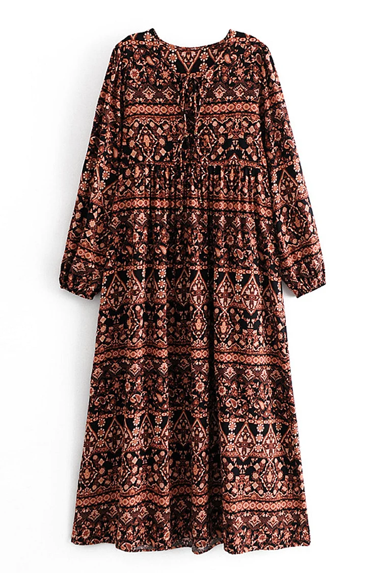 Gown Dress, Luditu Maxi Dress, Loose Dress, India Flower Tribal Brown