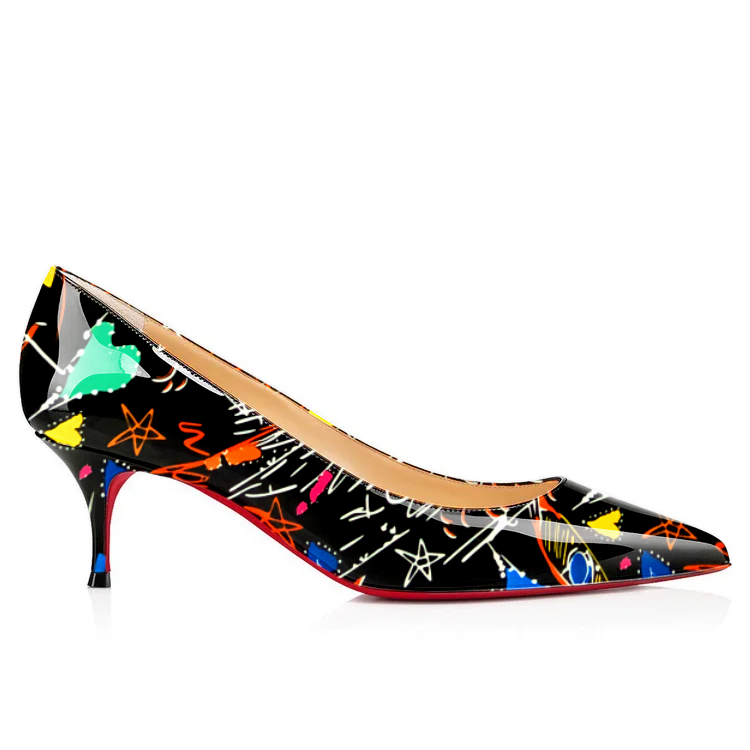 Women's Pointed Toe Fashion Graffiti Print Design Red Bottom Pump Heels-vocosishoes
