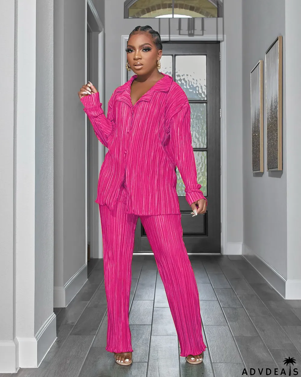 Women Casual Long Sleeve Shirt + Pants Home Two Piece Set