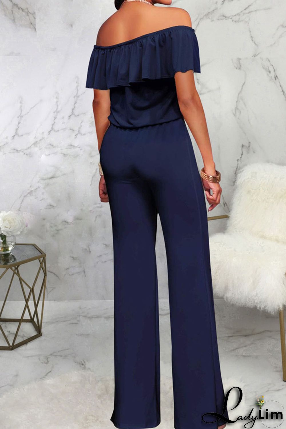 Grey Casual Solid Patchwork Flounce Off the Shoulder Straight Jumpsuits