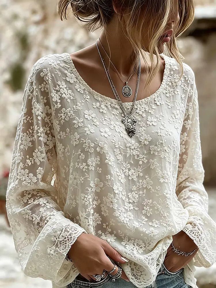Women's Floral Lace Print Long Sleeve Blouse