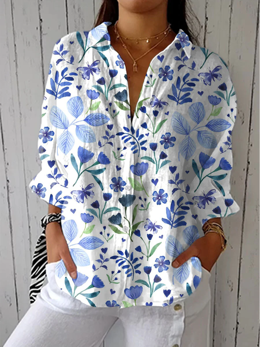 Women's Vintage Floral Art Print Casual Linen V-neck Shirt