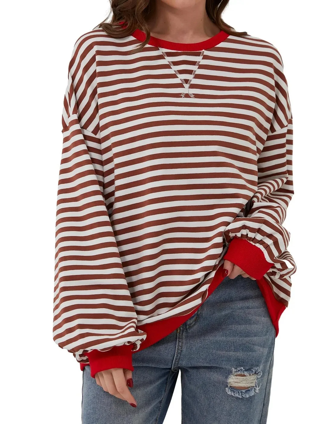 Women's Casual Stripe Colorblock Pattern Round Neck Long Sleeve Pullover T-Shirt 
