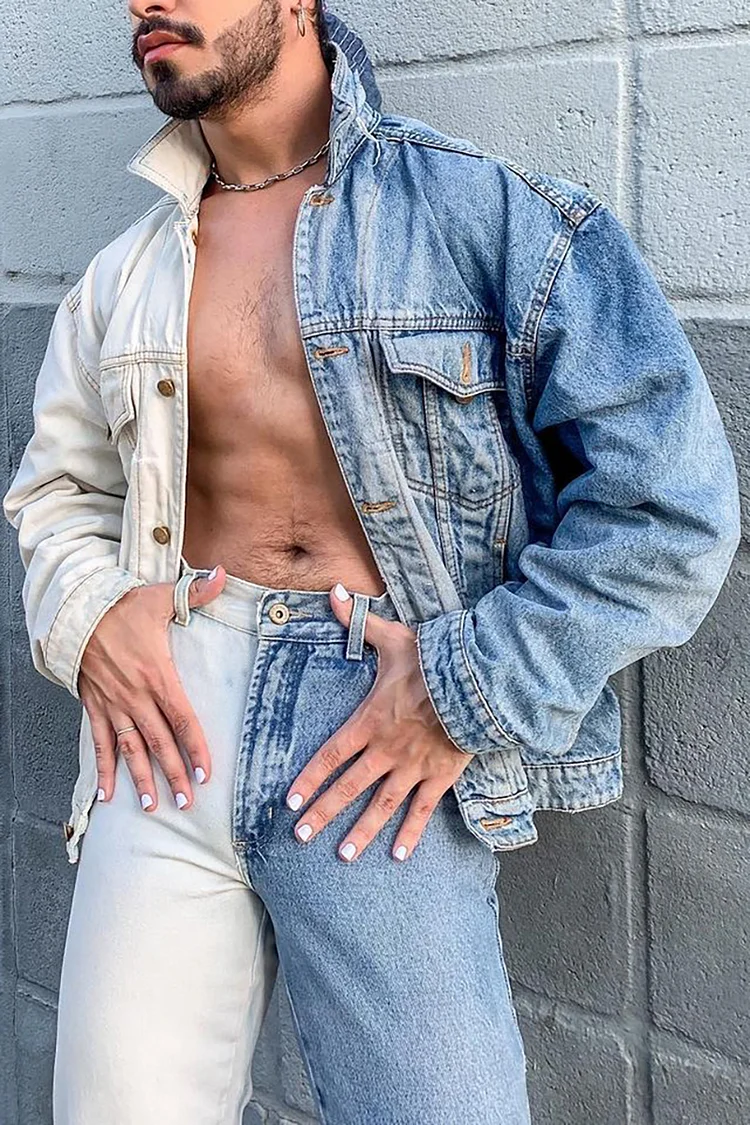 Casual Colorblock Patchwork Loose Fit Denim Jacket [Pre-Order]