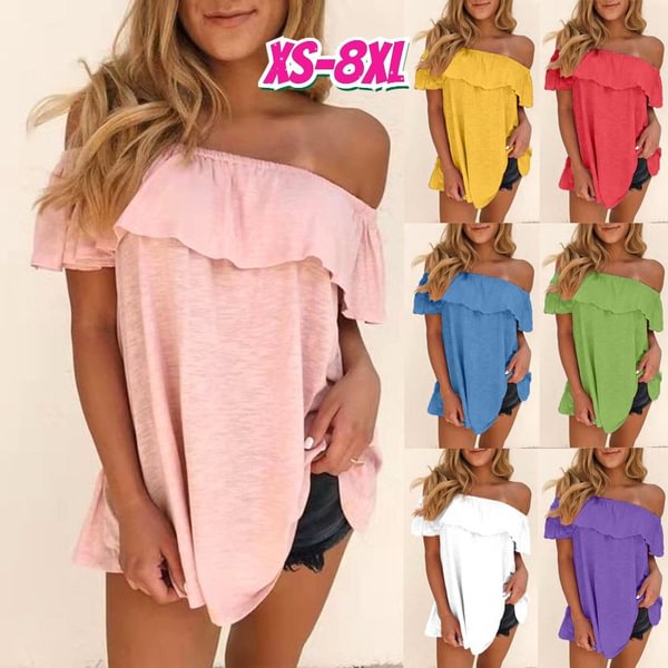 XS-8XL Flare Sleeve Summer Tops Plus Size Fashion Women's Casual Short Sleeve Tee Shirts Solid Color Blouses Ladies Off Shoulder Tops Loose Cotton T-shirts - Shop Trendy Women's Fashion | TeeYours