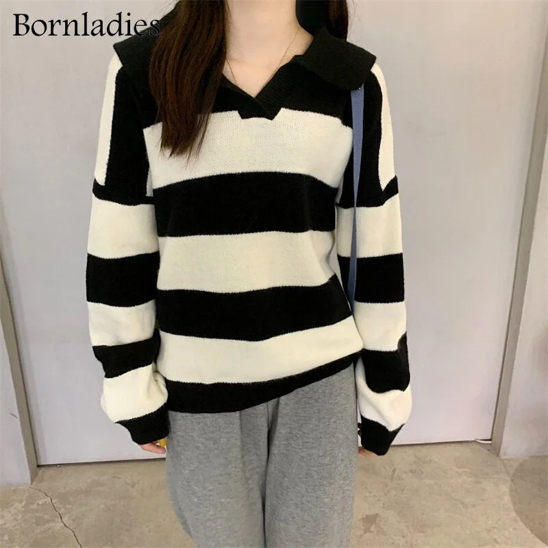 Billlnai  Graduation Party New 2023 Autumn Winter Women Sweater Polo Collar Pullovers Knitted Striped Korean Elegant Wild Ladies Orange Jumpers