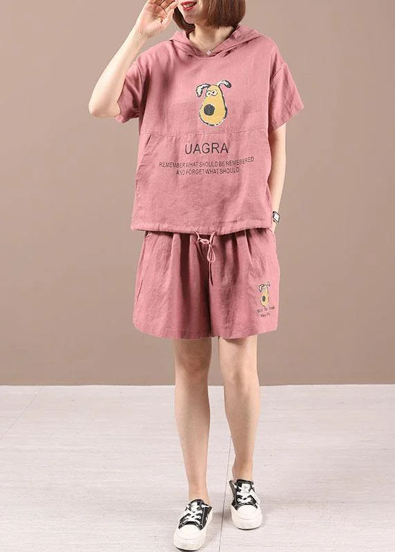 Handmade Pink hooded Graphic Summer Cotton Linen Two Pieces Set