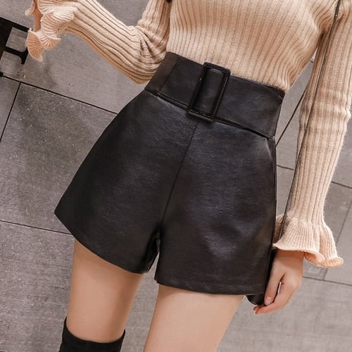 Korean PU Faux Leather Shorts Women Spring Autumn High Waist Wide Leg Short Ladies Plus Size Sexy Black Belted Short Femme 7774