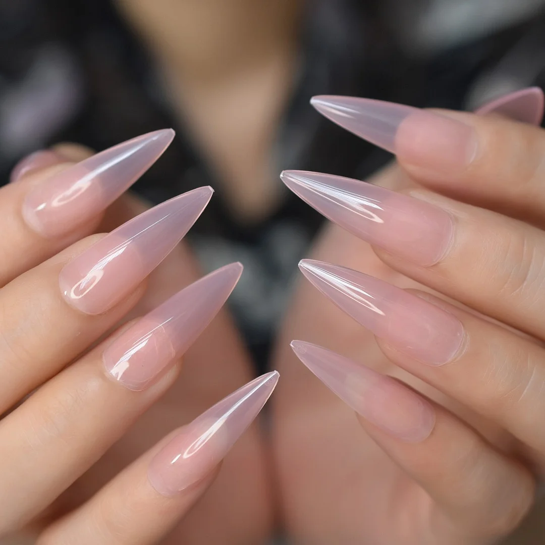 Nude Extra Long Fake Nails Coffin Full Cover Glossy False Nail Long Ballerina Nails with Glue Sticker-Nail Inspo