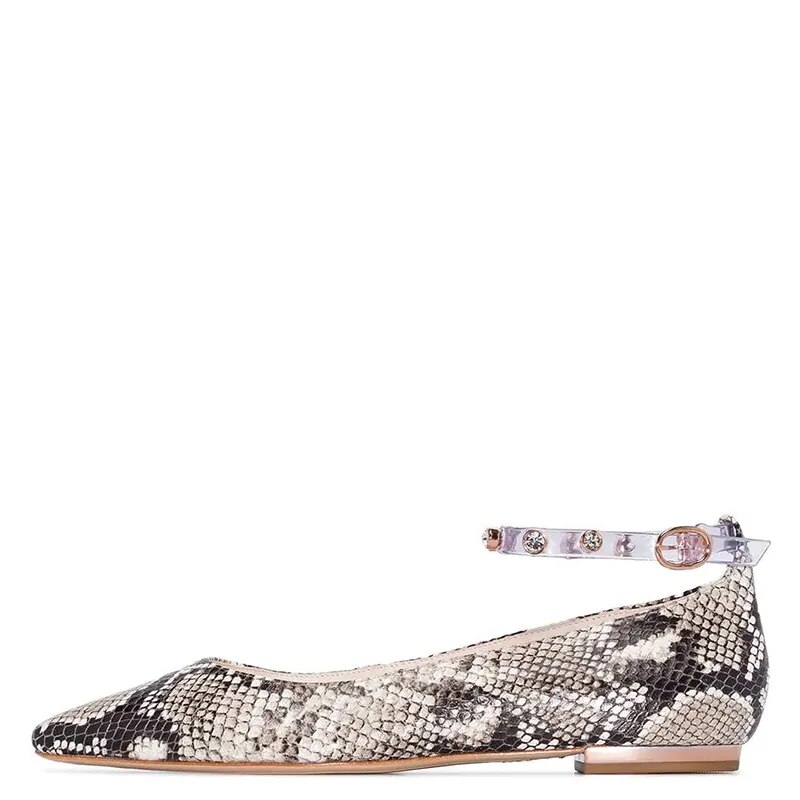 TAAFO Snakeskin Texture Pointed Toe Crystal Clear Ankle Strap Flats Woman Buckle Ladies Office Shoes