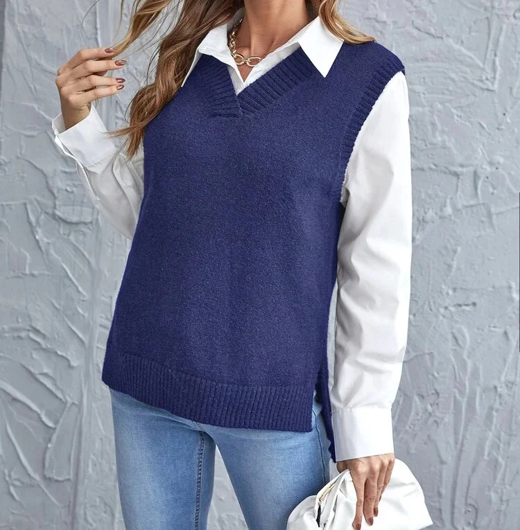 Wongn Wongn And Autumn New Style Irregular Knitting Vest Fashion Casual Women's Wear V-Neck Sweater Women