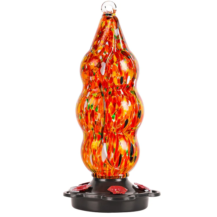 LUJII Peapod Shaped Hummingbird Feeder for Outdoors Hanging, Hand Blown Glass with Metal Base Cover, No Leak & Rust Proof, 25 fl.oz, Unique Art Glass for Backyard & Outside Decor, Red