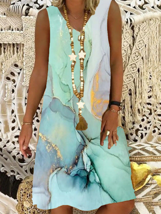 Women's Floral Printed Sleeveless V-neck Midi Dress