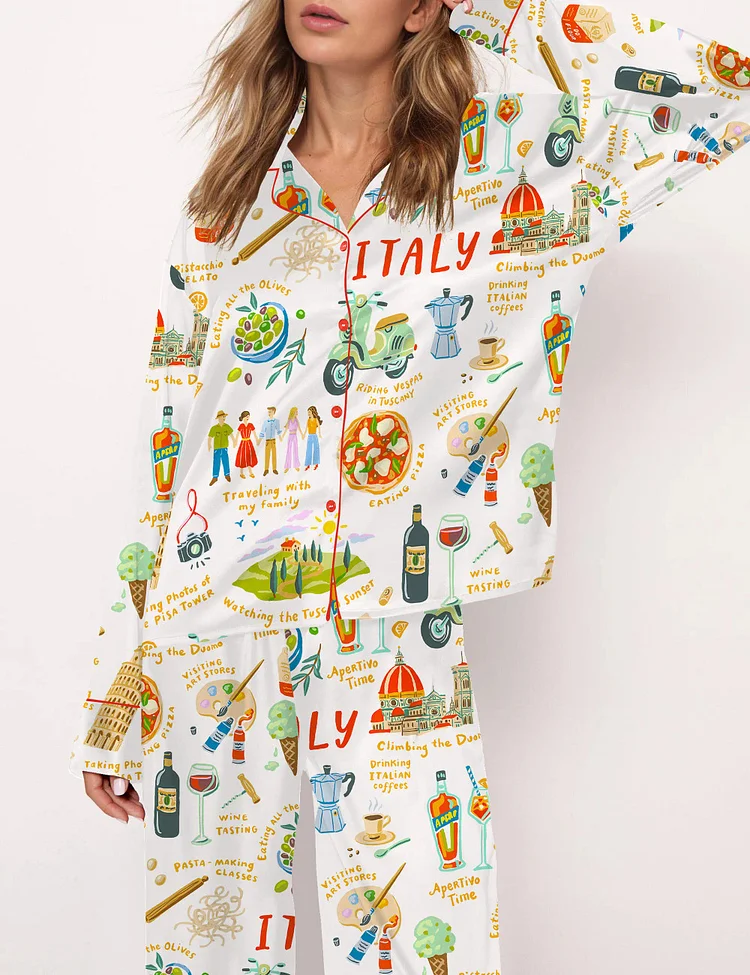Italian Vacation Silky Satin Pajama Set For Women