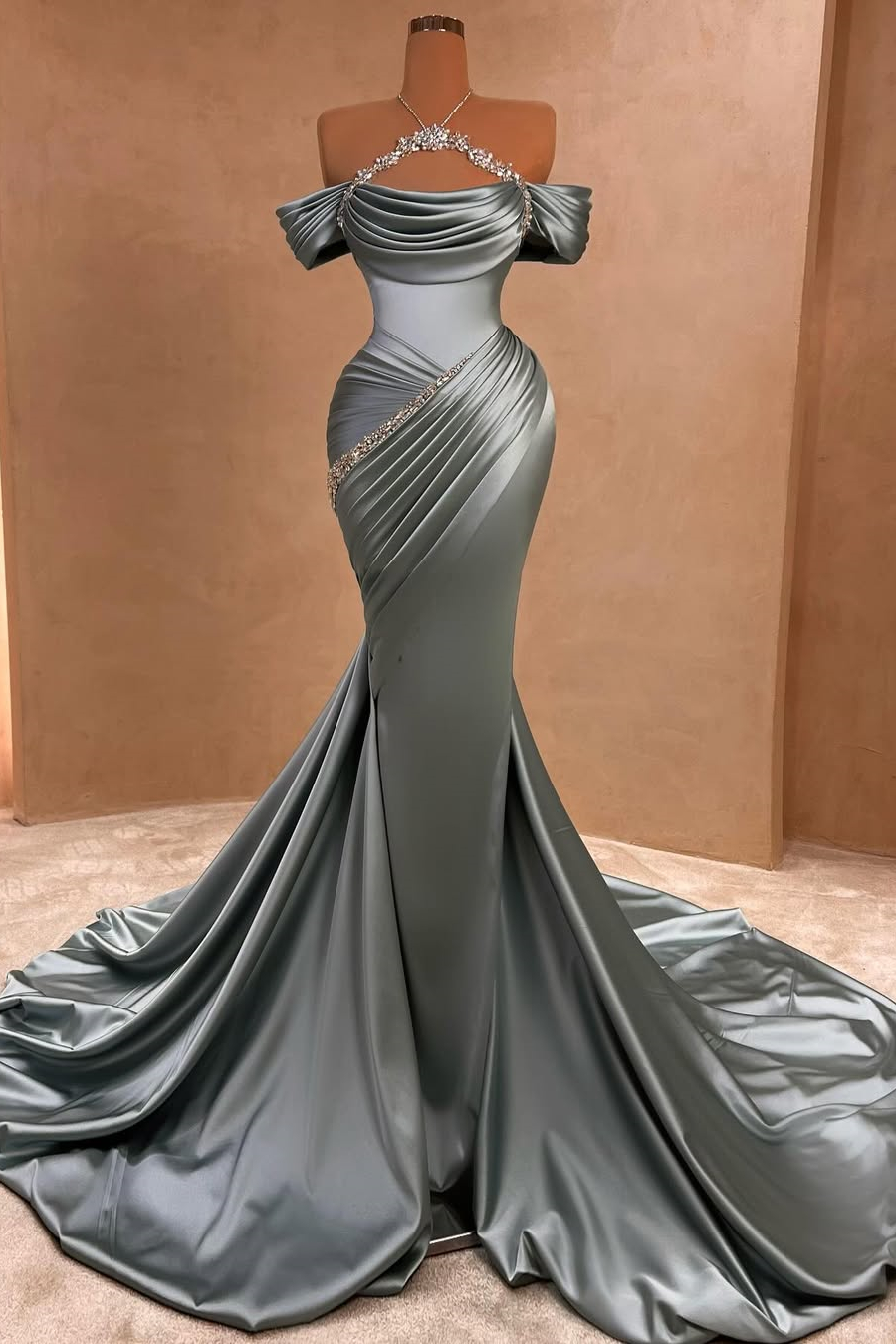 Bellasprom Silver Halter Off-the-Shoulder Mermaid Prom Dress With Beadings Pleats Bellasprom