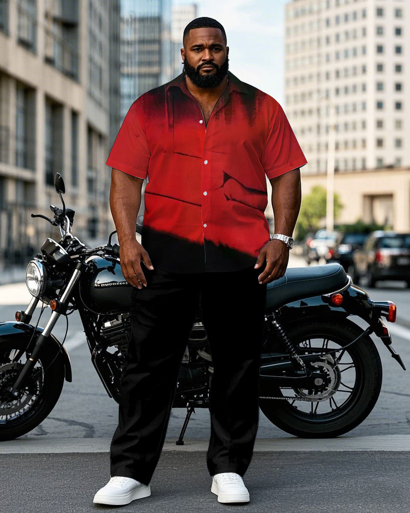 Men's Plus Size Black & Red Personality Ink Short-sleeved Shirt Pants Suit
