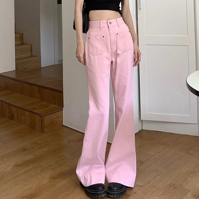 CARTOONH Y2K Pink Flared Jeans Women Korean Fashion Baggy Pants Harajuku High Waist Pockets Denim Trousers Female Egirl Street