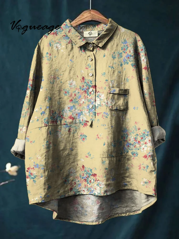 Elegant Art Flowers Small Florals Printed Cotton And Linen Shirt