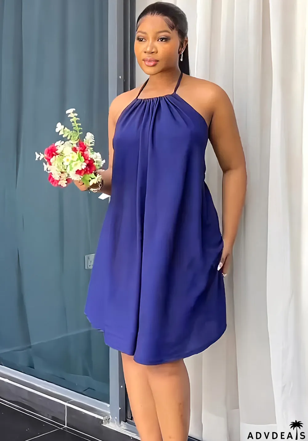 Sleeveless Sexy Low Back Tie Slim Waist Gown Chic Halter Neck Dress