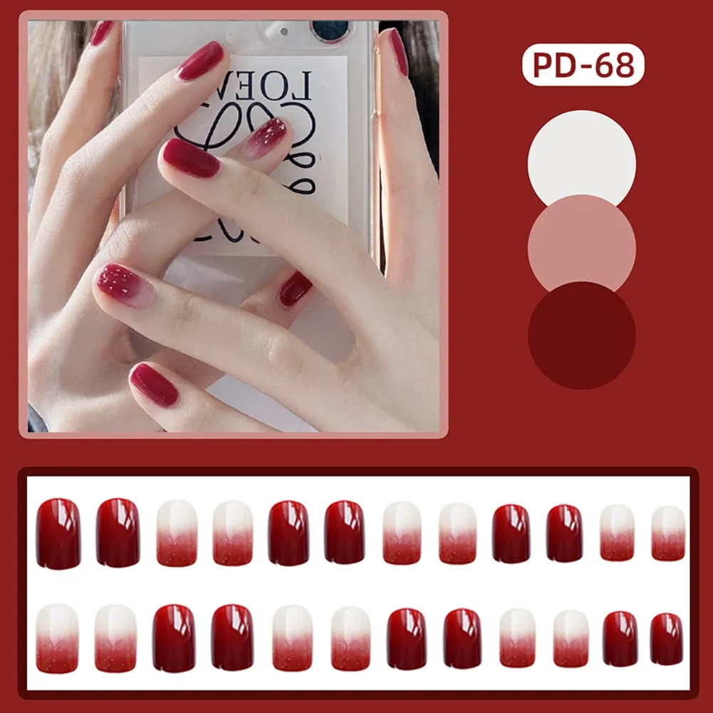 24pcs/Set Gorgeous Wine Red False Nails With Glue Middle Long Round Head Full Nail Tips Finished Fake Nail artificial nails-Nail Inspo