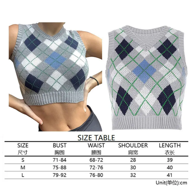Argyle Sweater Vest Women  Black Sleeveless Plaid Knitted Crop Sweaters Casual Autumn Preppy Style 2020 tops V Neck Vintage