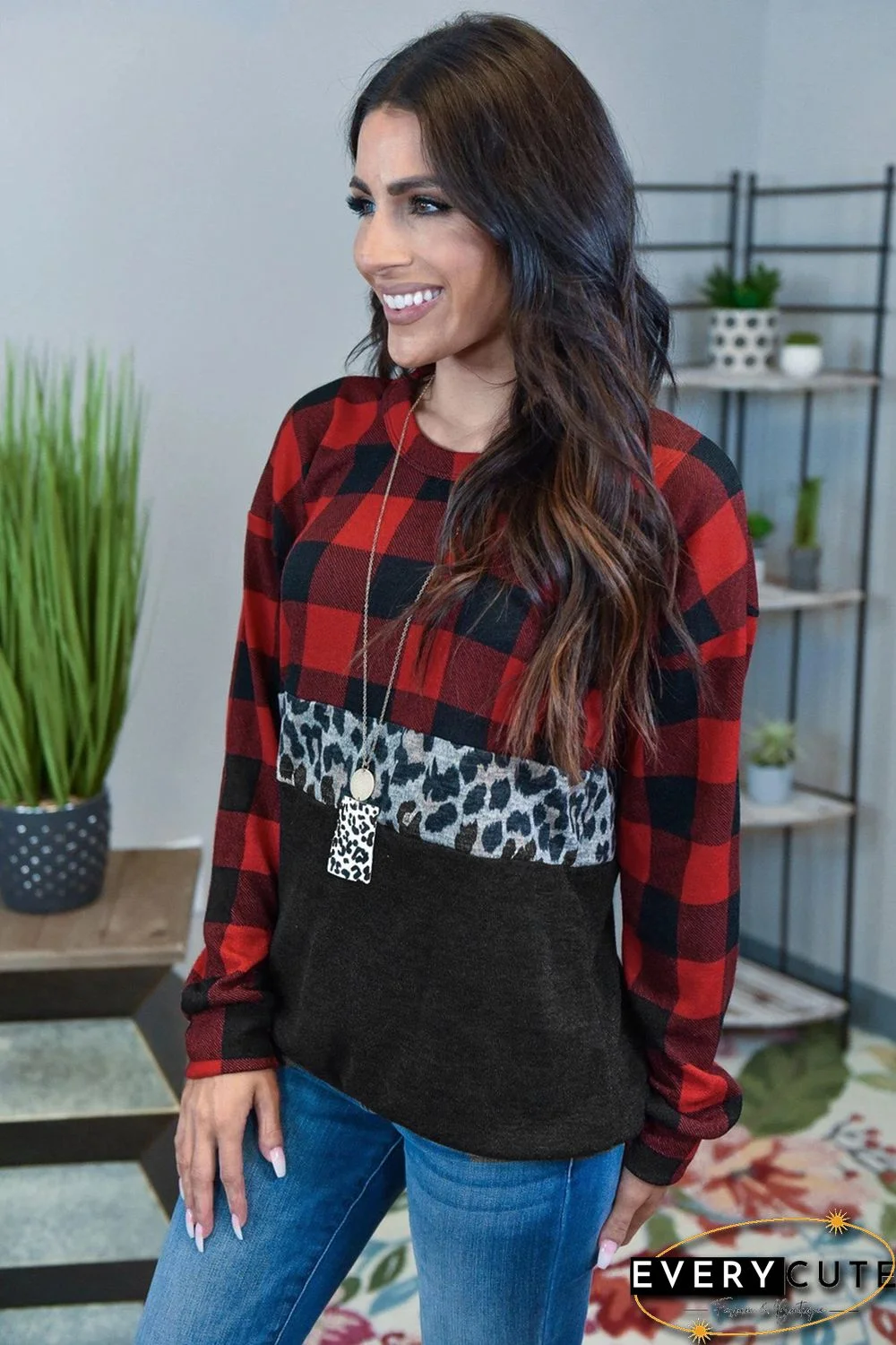 Red Plaid Leopard Print Splicing Sweatshirt