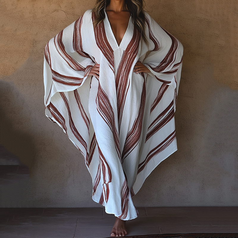 Nomad Spirit Ladies' Brushstroke Symphony Art Linen V-neck Long Kaftan