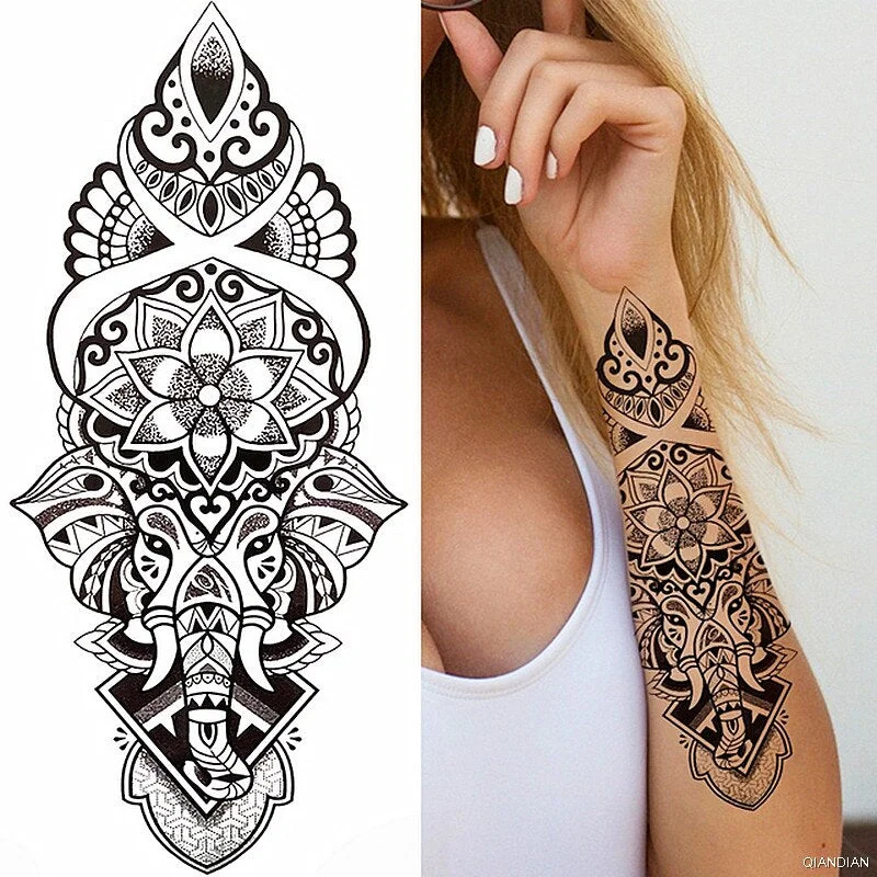 Black Sexy Flower Temporary Tattoos Sticker Arm Sleeve Rose Tree Skull Lion Bear Snake Henna Body Decorate Fake 3D Women Totem