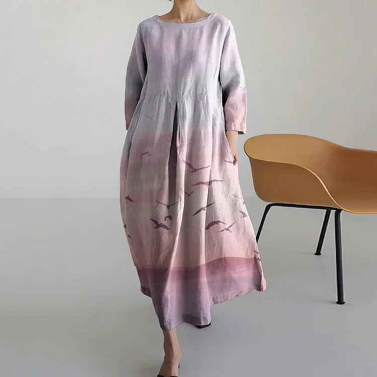 Comstylish Vintage Loose Japanese Art Flying Birds Print Long Sleeve Midi Dress