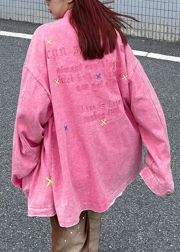 Loose Pink Embroideried Button Patchwork Denim Coats Fall