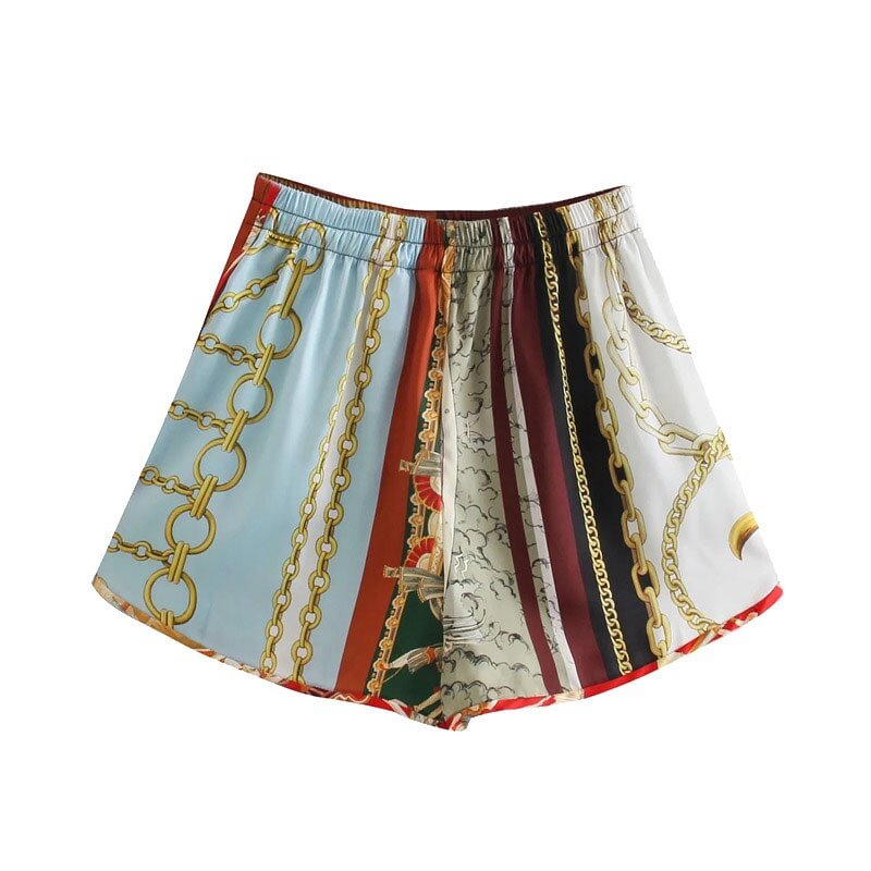 KPYTOMOA Women 2021 Fashion Patchwork Chain Print Shorts Vintage High Elastic Waist Side Pockets Female Short Pants Mujer