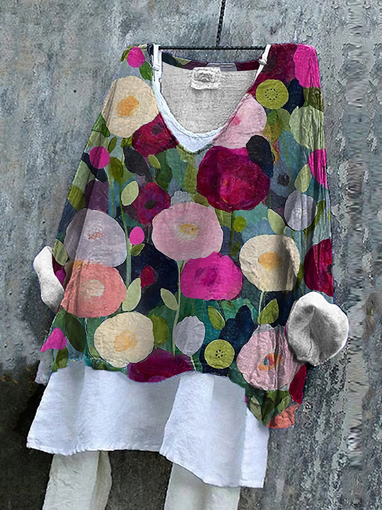 Comstylish Vintage Floral Art Painting Linen Blend Blouse