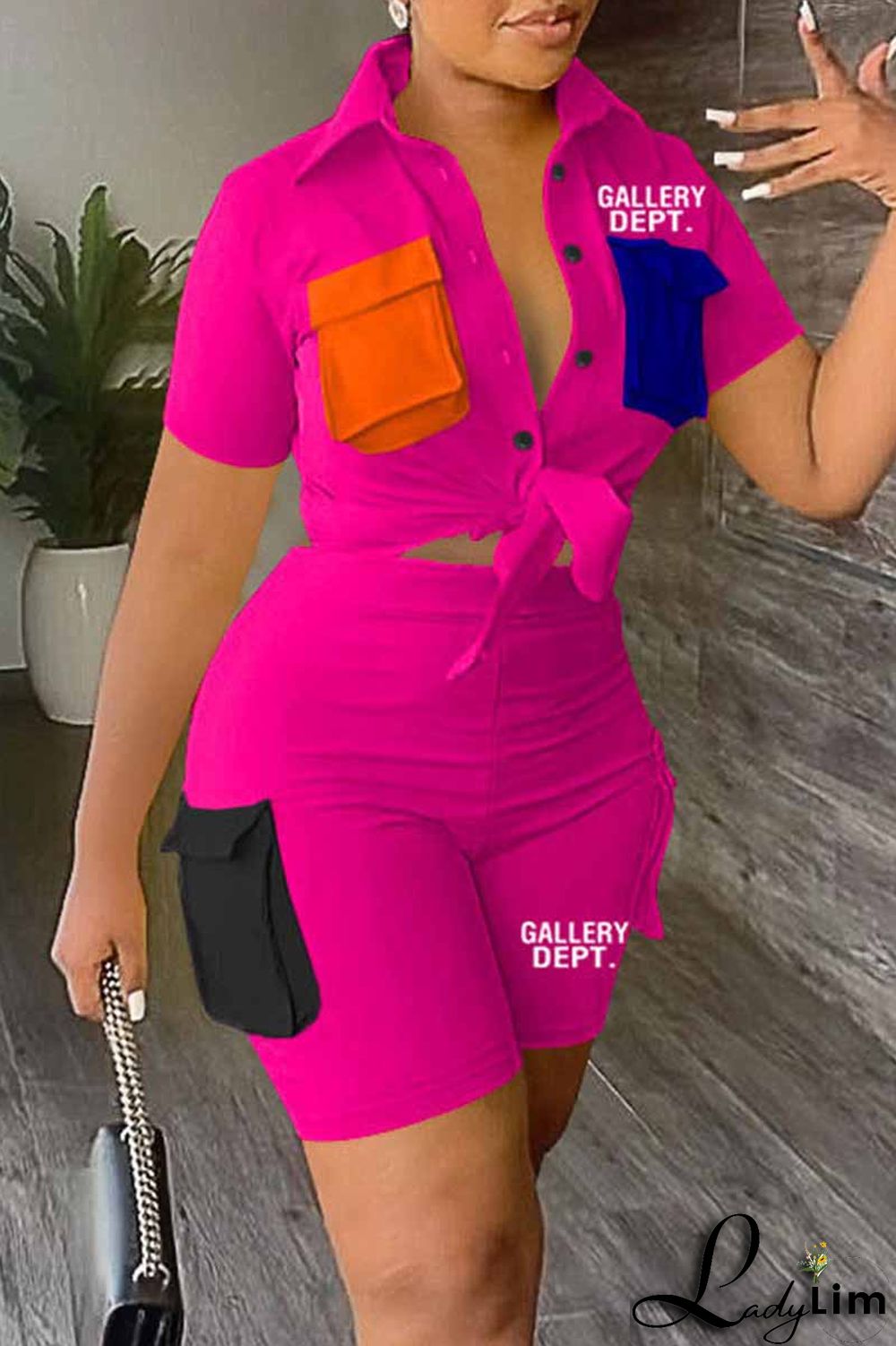 Orange Street Print Patchwork Letter Turndown Collar Short Sleeve Two Pieces