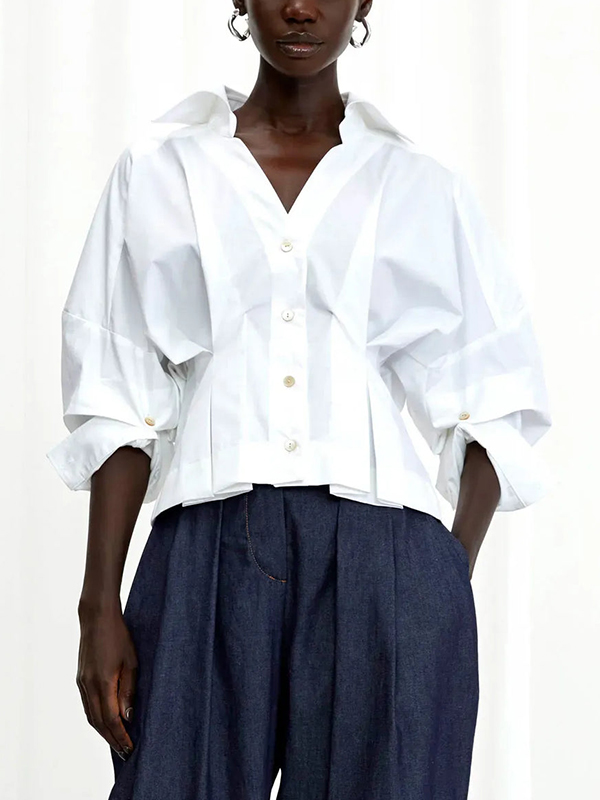 Long Sleeve Solid Color Front Button Pleated Waist Blouses