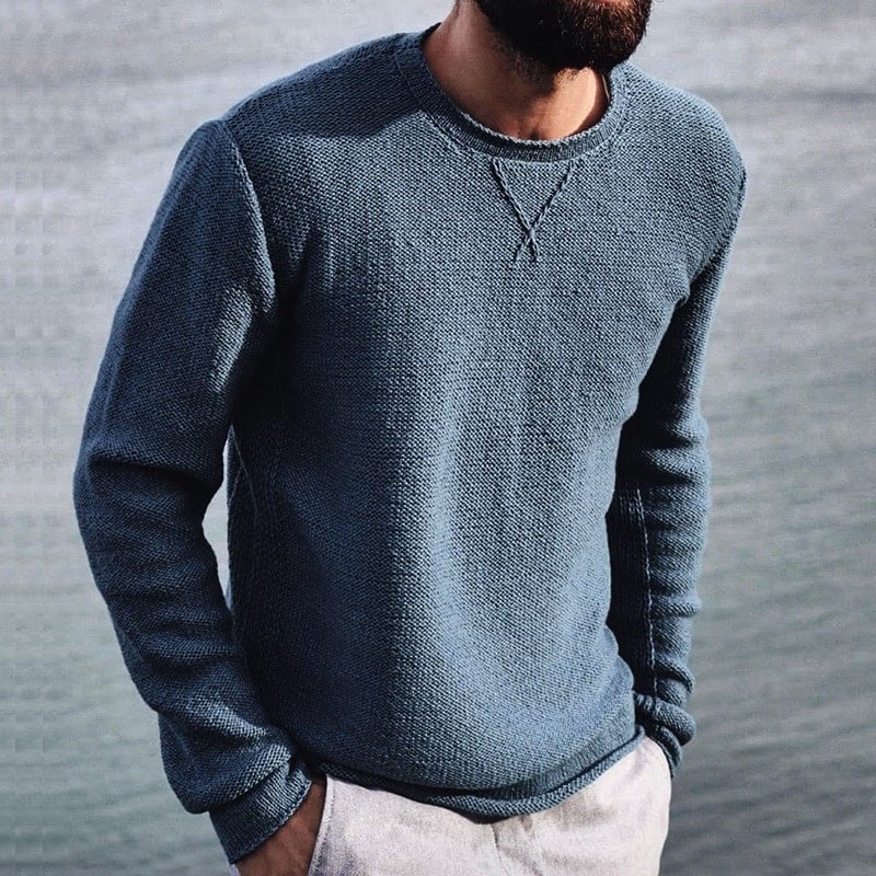 Men's Retro Blue Round Neck Business Casual Knit Sweater