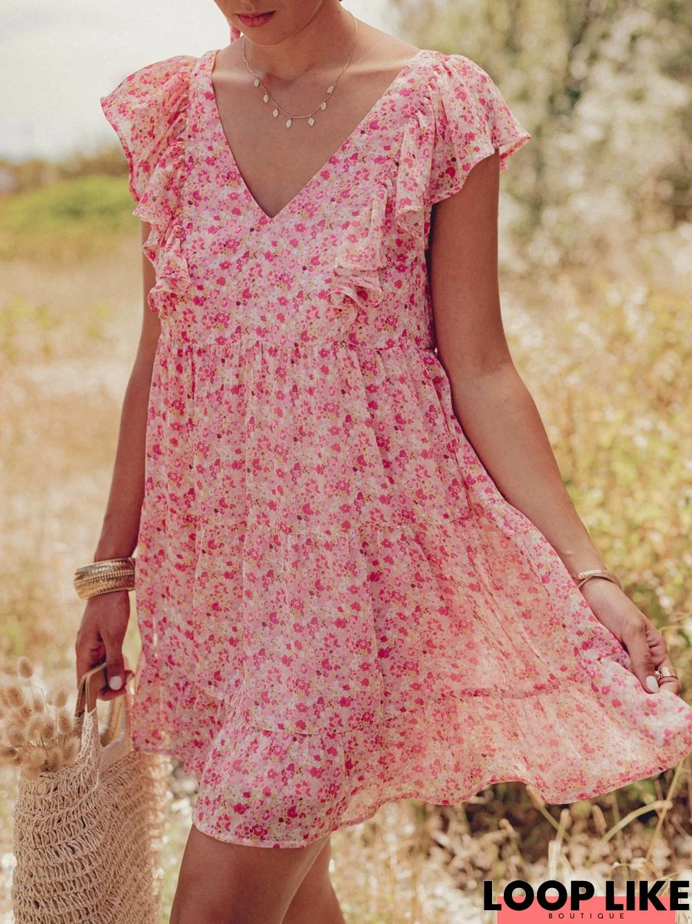 Pink Short Sleeve Casual V Neck Weaving Dress