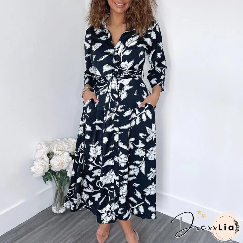Fashion Summer Women Dress Casual Summer A Line Printed Dress Ladies Long Flared Sleeve Bohemian Beach Cover Up Sundress