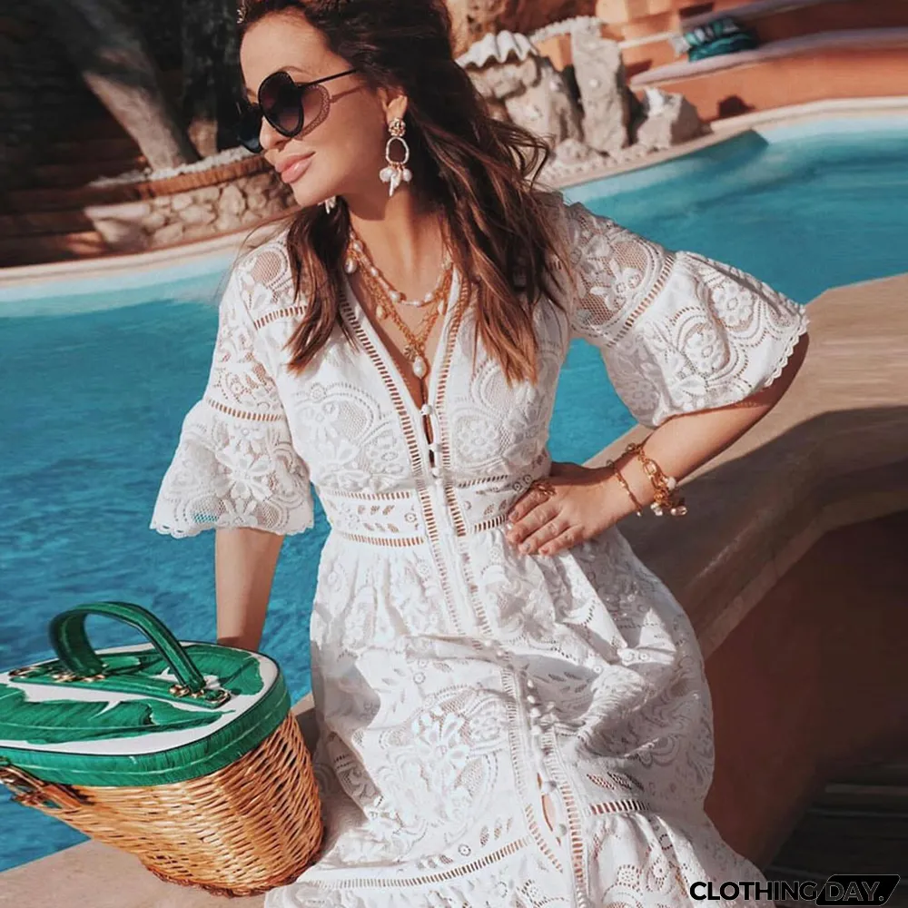 Women's V-Neck Cutout Lace Maxi Dresses