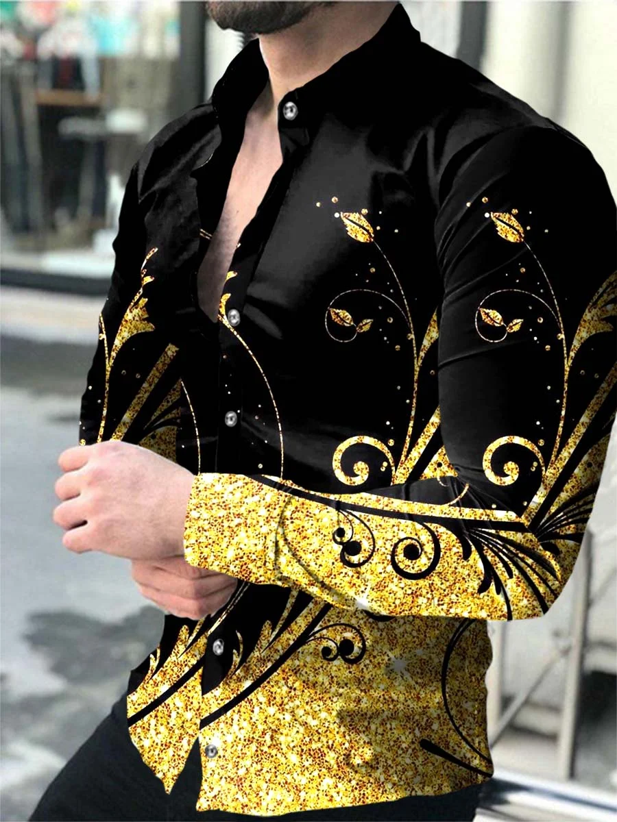 Casual Golden Long Sleeve Printed Men's Shirt