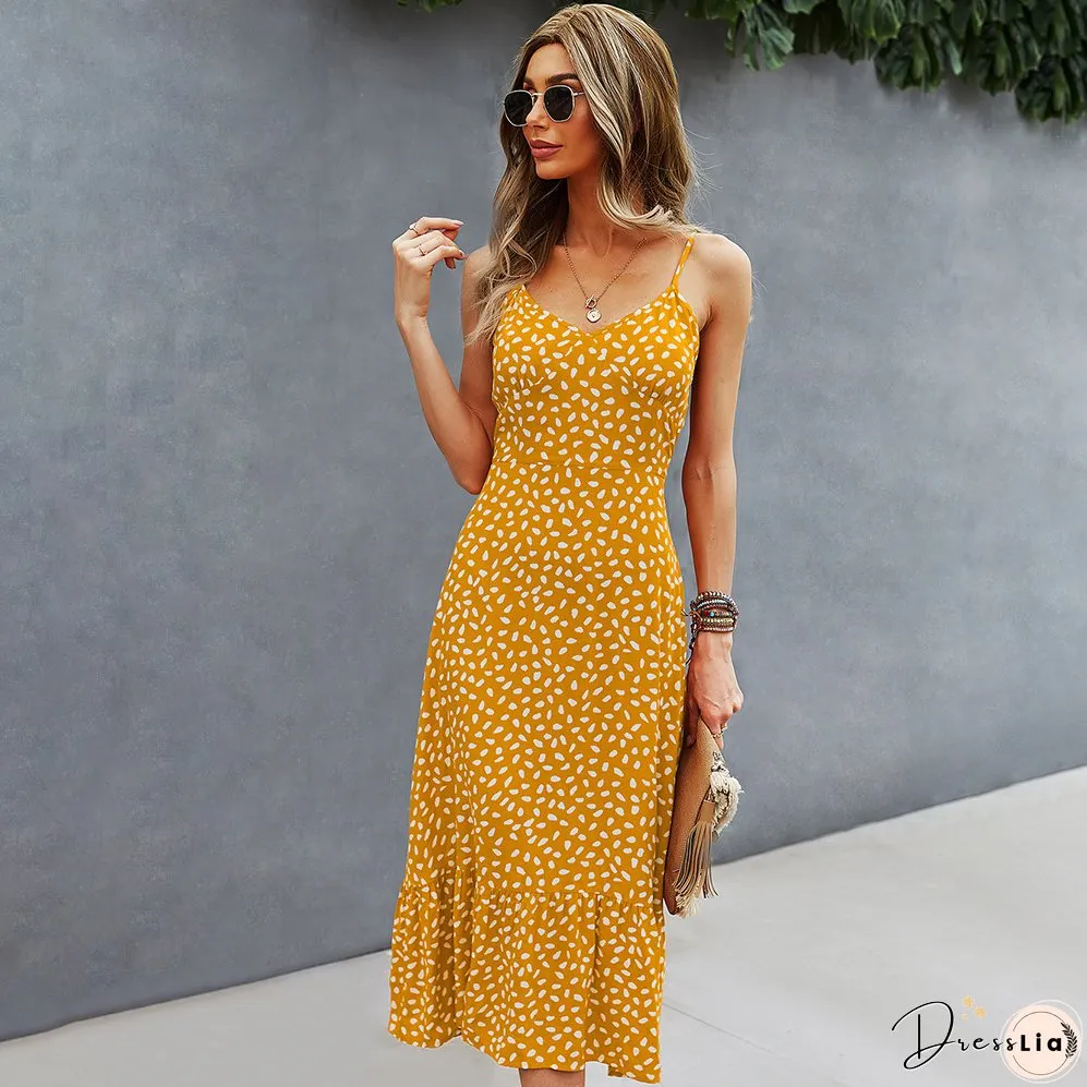 Spring/summer Sexy V-neck Print Slip Casual Midi Dress