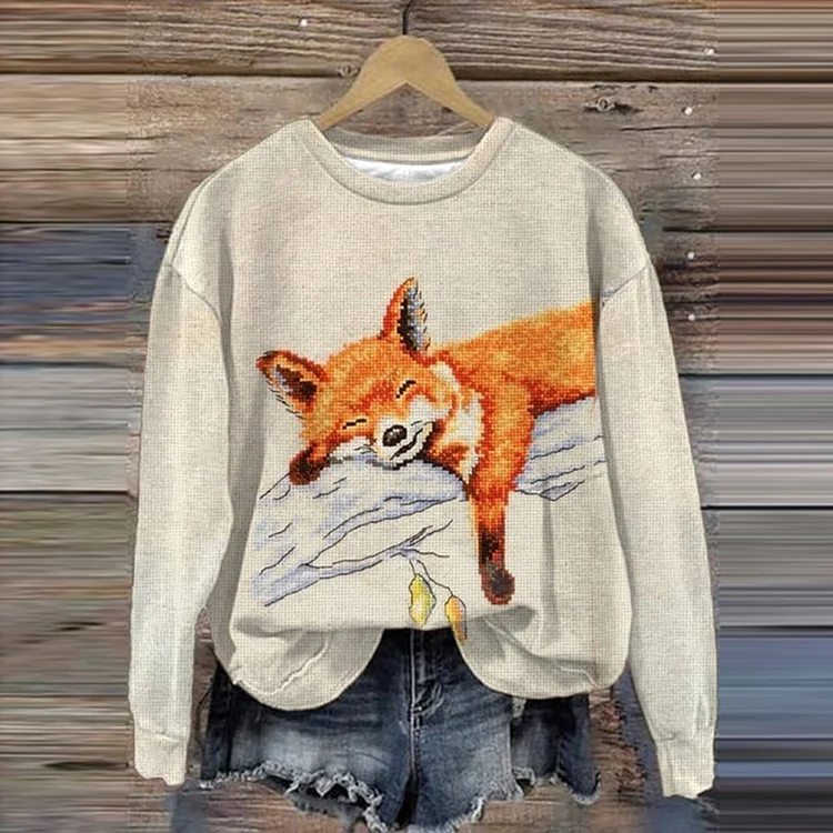 Fox Print Round Neck Long Sleeve Sweatshirt