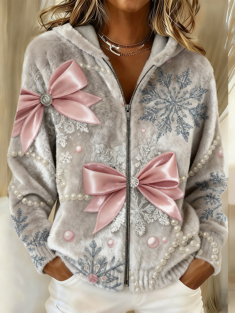 Vintage Christmas Bow Snowflake Flannel Fleece Jacket elevenforest