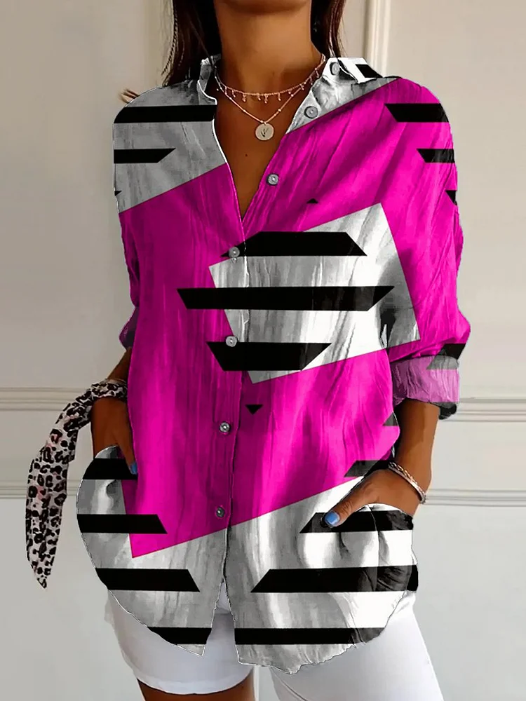 Women's Purple Irregular Abstract Geometry Print Casual Cotton Shirt