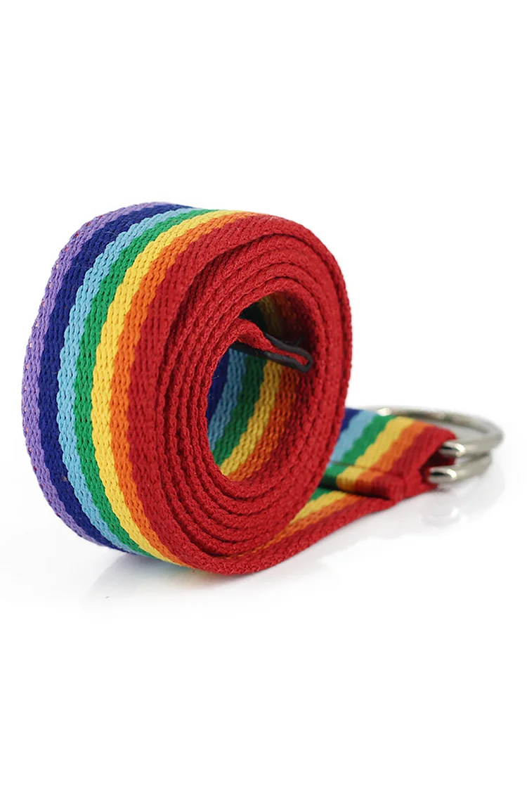 Rainbow Striped Metal Double Ring Buckle Adjustable Canvas Belt