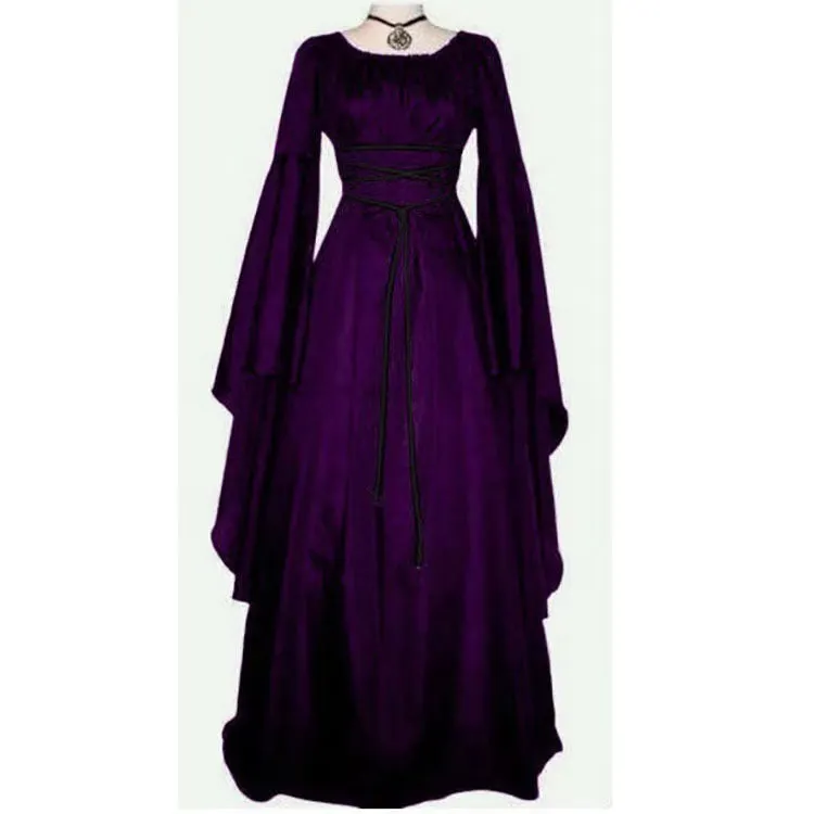 Brownm Sleeve Satin Round Neck Irregular Belt Women's Dress Halloween Costume