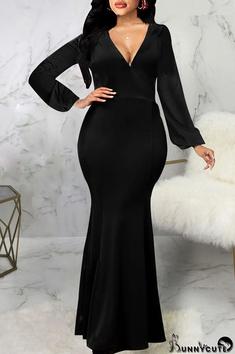 Black Sexy Solid Split Joint V Neck Dresses